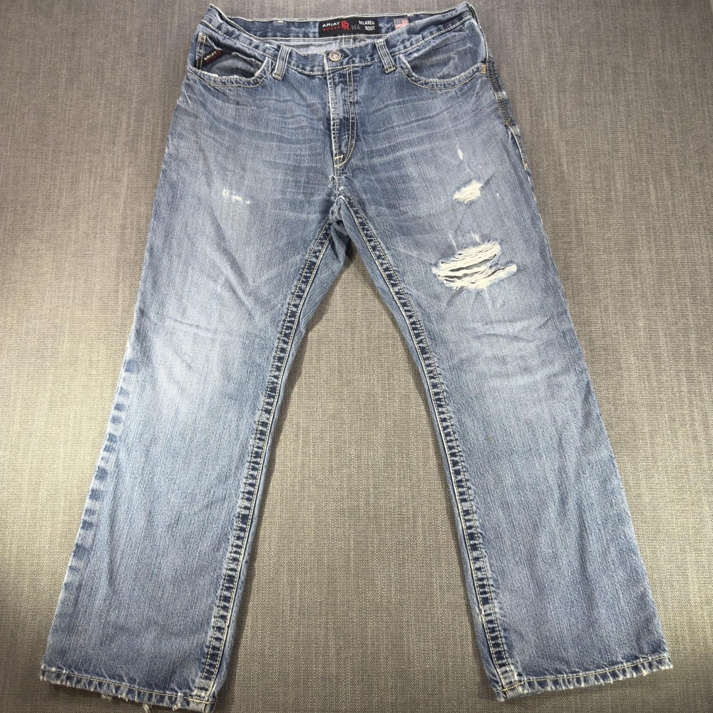 Ariat FR M4 Jeans Mens 34x30 Blue Relaxed Bootcut Denim Distressed Workwear